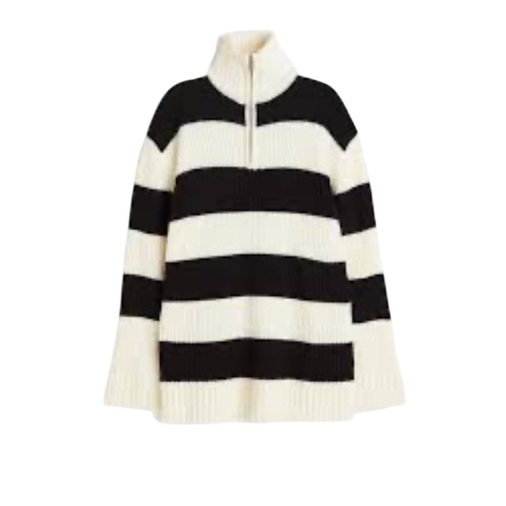 H&M Divided Striped Quarter Zip Sweater Womens Large Black White Ribbed Knit L